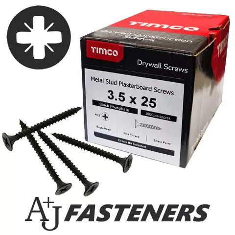 (1000 BOX) TIMCO DRYWALL PLASTERBOARD SCREWS - DRY LINING BLACK WOOD STUD WALL